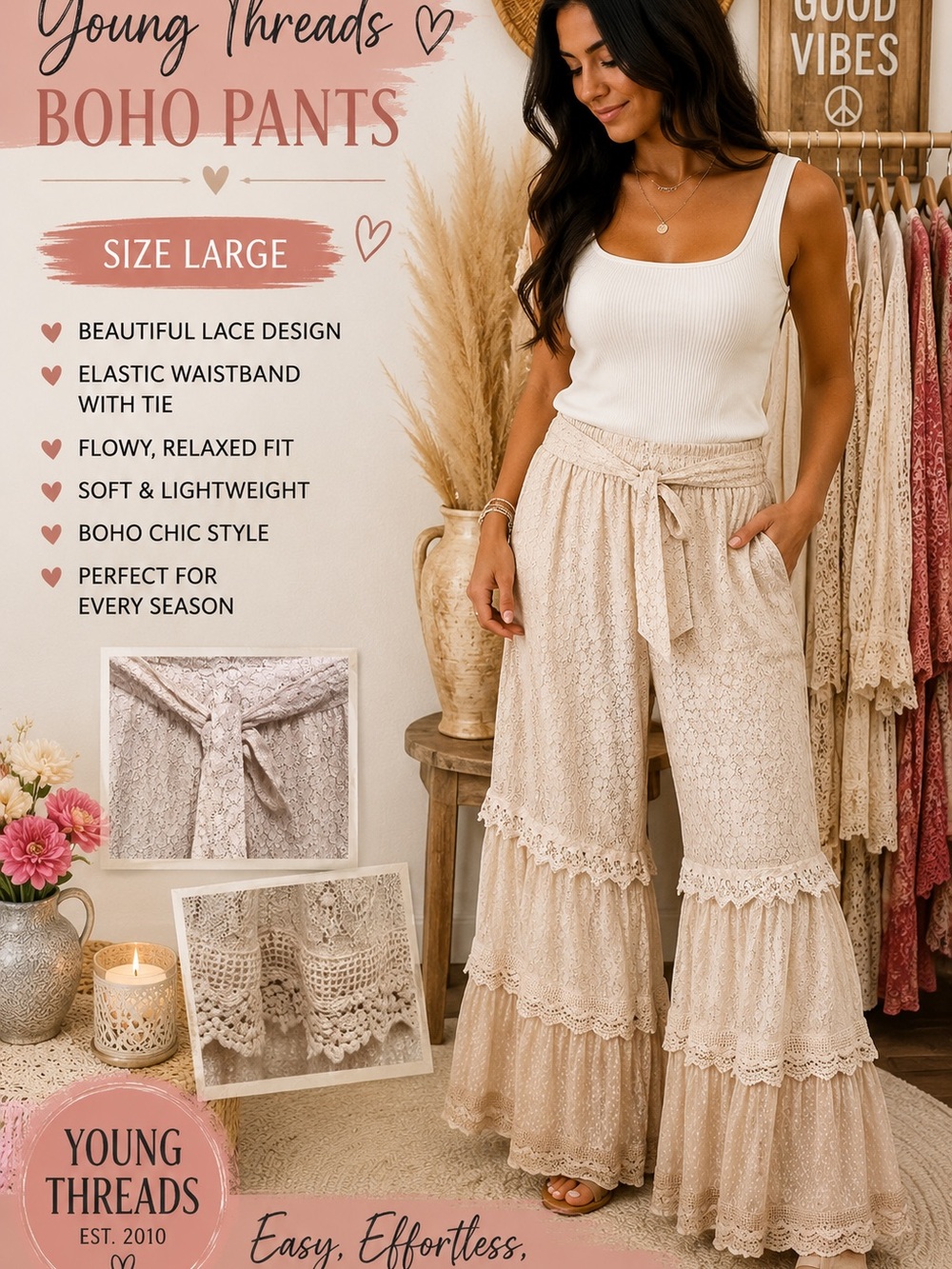 Young Threads Cream Boho Lace Wide-Leg Pants with Tie Waist